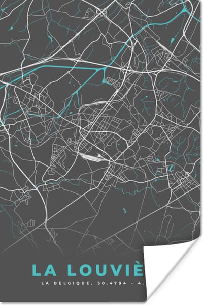 Poster Plattegrond – La Louvière – Blauw – Stadskaart - Kaart - 120x180 cm XXL
