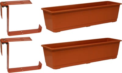 Set van 3 kunststof plantenbakken terracotta rechthoekig 60 cm met 6 verstelbare railing beugels