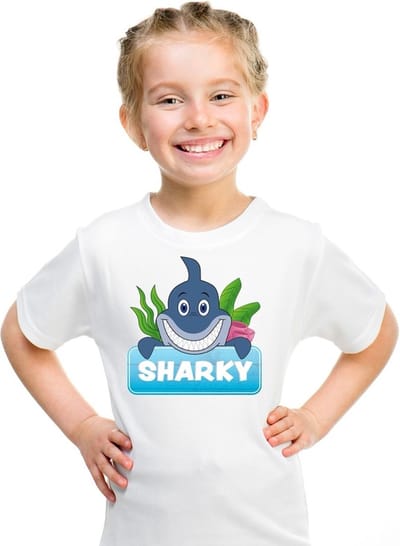 Sharky de haai t-shirt wit voor kinderen - unisex - haaien shirt - kinderkleding / kleding 110/116