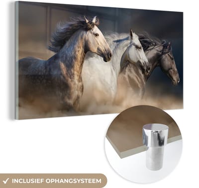 MuchoWow® Glasschilderij 40x20 cm - Schilderij acrylglas - Paarden - Zand - Stof - Foto op glas - Schilderijen