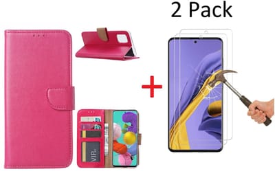Hoesje Geschikt Voor Samsung Galaxy A51 Portemonnee hoesje + 2X Screenprotector - Roze/Pink