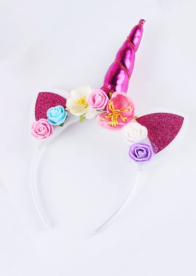 KIMU® Eenhoorn Haarband Roze - Unicorn Diadeem Met Oortjes En Bloemetjes - Pink Hoorn Bloemen Wit Roze Blauw Paars Festival