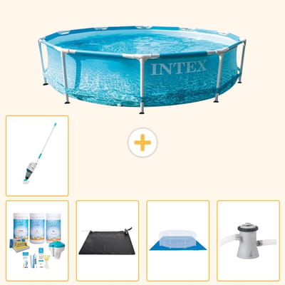 Intex Rond Frame Zwembad - 305 x 76 cm - Waterprint - Inclusief Onderhoudspakket - Solar Mat - Grondzeil - Zwembadfilterpomp - Stofzuiger - 6-delig