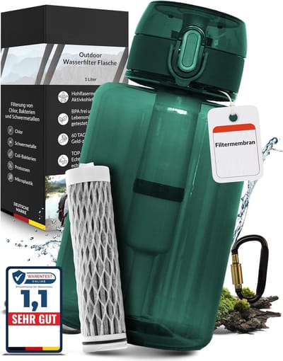Outdoor Waterfilterfles - 1L Drinkfles met Hoogwaardig Filter voor Schoon Drinkwater tijdens Kamperen en Wandelen - Groen
