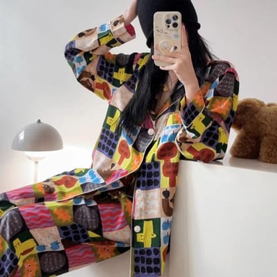 Literaire Cartoon Schattig Casual Luie Dames Pyjama Retro Trend Harajuku Huiskleding Herfst Winter Nieuw Lange Mouwen+broek 2-delige Set L gray