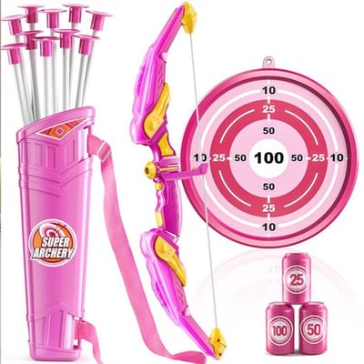 Pijl en boogset voor kinderen - LED-verlichte boogschietset met 10 pijlen met zuignappen, schietschijf en pijlkoker - Speelgoed voor binnen en buiten, jacht, cadeau voor jongens en meisjes - Roze