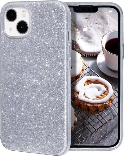 YPCd – Glitter Hoesje Geschikt voor Apple iPhone 15 Plus – Zilver – Luxe Sparkle Backcover – Siliconen Case met Schokbescherming & Verhoogde Randen