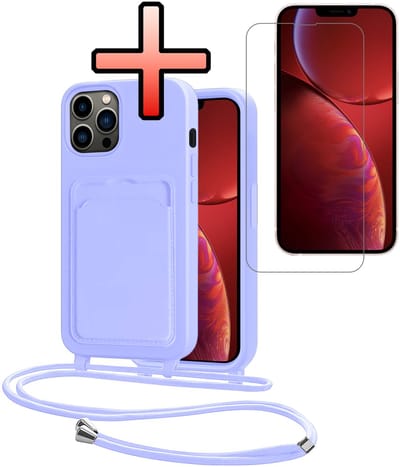 Hoes Geschikt voor iPhone 13 Pro Hoesje Pasjeshouder Cover Met Koord Case Siliconen Hoes Met Telefoonkoord en Kaarthouder Met Screenprotector - Lila