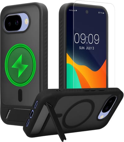 kwmobile Hoesje voor Google Pixel 10a - Compatibel met MagSafe - Hoesje met standaard en screenprotector van gehard glas - zwart / mat transparant