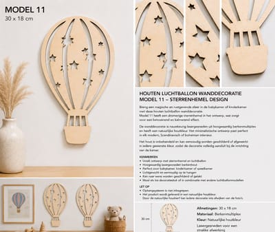 Houten Luchtballon Wanddecoratie Model 11 – Maan & Sterren Design – 28 × 18 cm – Laser Gesneden Berkenmultiplex – Kinderkamer Decoratie