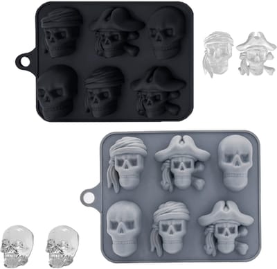 Dailygoods - Vastsea 2 Stuks 3D Doodskopijsblokjes, Halloween doodskopbakvorm, 6 Ijsblokjes, Doodskop, Chocoladevorm voor bakken, Siliconen Ijsblokjesvorm, Doodskop voor Whiskey, Cocktail (zwart)