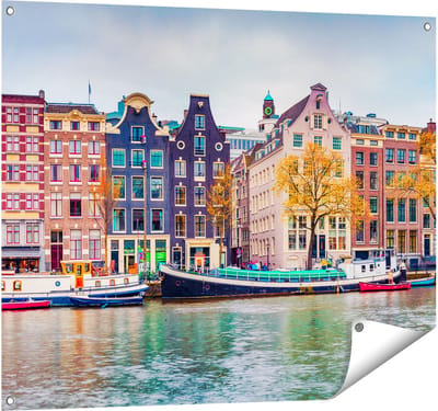 Gards Tuinposter Amsterdamse Huisjes vanaf de Gracht - 100x80 cm - Tuindoek - Tuindecoratie - Wanddecoratie buiten - Tuinschilderij