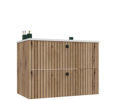 Hangende Badkamerkast TIGO 80 2S met Wastafel en 2 Lades | Kleur: Evoke Eiken | Maat: 80x47x59 cm