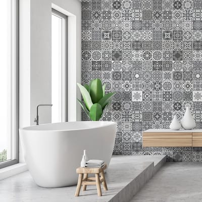 Zelfklevende tegelmuurstickers voor keuken en badkamer - 60 cementtegelstickers, Azulejos-stijl, Adalia - 60 stickers, 20x20 cm