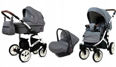 BabyLux® Kinderwagen 3in1 – OPTIMAL - GREY FLEX WHITE FRAME - Opklapbare Wandelwagen incl. Reiswieg, Multifunctionele Buggy Sportstoel, Autostoel - Combi-kinderwagen met Luiertas, Regenhoes, Klamboe, Bekerhouder, etc.