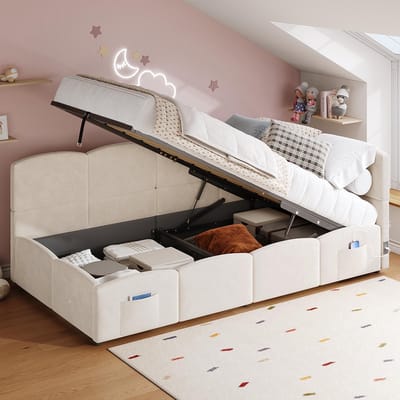 Pugsdrly - Gestoffeerd bed - 90x200 cm - eenpersoonsbed - kinderbed - jeugdbed - kinderbed voor volwassenen - bed met opbergruimte - slaapbank - met lattenbodem - USB-oplader - opbergtas - fluweel - beige - zonder matras