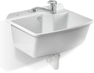 GOSPO Gootsteen met staande kraan, wastafel 61 cm x 44 cm x 23,5 cm, wasbak met overloop en sifon, spoelbak incl. accessoires, wasruimte (wit)