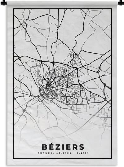 Wandkleed - Wanddoek - Kaart - Frankrijk - Béziers - Stadskaart - Plattegrond - Zwart wit - 120x180 cm - Wandtapijt