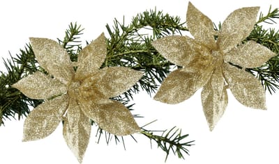 House of Seasons Kerstboom bloemen op clip - 2x st - goud -15 cm - polystyreen