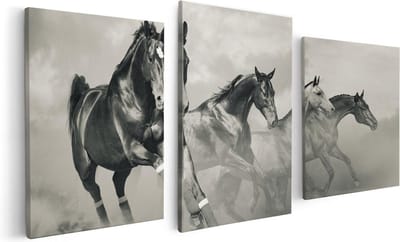 Artaza Canvas Schilderij Drieluik Vier Paarden Naast Elkaar - Zwart Wit - 120x60 cm - Wanddecoratie Woonkamer - Schilderijen - Muurdecoratie