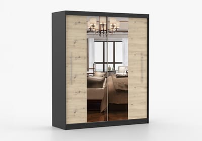 Kledingkast NICO I 203 cm - 2-deurs schuifdeurkast met spiegel en kledingstang - Garderobekast met ruime opbergruimte - Moderne kast voor slaapkamer en hal (Zwart + Artisan)