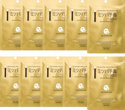Mitomo Gold & BeeVenom Gezichtsmasker - Japans Gezichtsmasker Verrijkt Met o.a Hyaluronzuur - Oligopeptide1 - Glycerine - Face Mask - Gezichtsverzorging Vrouw - Mask J-Beauty Skincare Ritual - 10 Stuk