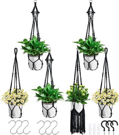 BOTC Macrame Plantenhangers - 3 Stuks Zwart - Handgeweven Katoen Hangpot voor Binnen/Buiten - Inclusief Haken en Bevestigingsmateriaal