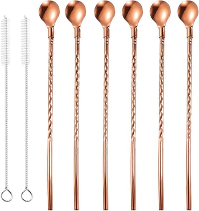 Set van 6 RVS Barlepels met 2 Reinigingsborstels - Cocktaillepels voor Melkthee, Desserts en Cocktails, Perfect voor Thuis, Café en Bargebruik