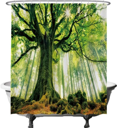 Ulticool Douchegordijn - Boom Kracht Natuur Licht Bos - 180 x 200 cm - semi Transparant - met 12 Ringen Wit - anti Schimmel - Decoratie Landelijk Lente voor Binnen - Groen
