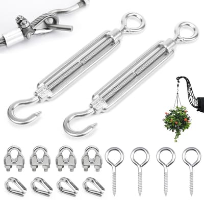 RVS Touwspanner M6, Set van 2 Verstelbare Spanners met Haakogen, Inclusief 4 Kabelklemmen en 4 Oogschroeven voor Tuinprojecten en Zonnescherm Bevestiging