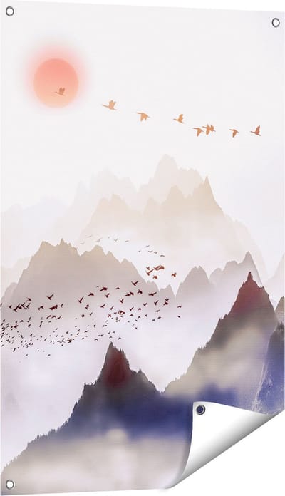 Gards Tuinposter Bergenlandschap met een Boom - Abstract - 60x90 cm - Tuindoek - Tuindecoratie - Wanddecoratie buiten - Tuinschilderij