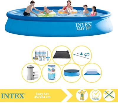 Intex Rond Opblaasbaar Easy Set Zwembad - 457 x 84 cm - Blauw - Inclusief Pomp - Afdekzeil - Onderhoudspakket - Filter - Grondzeil - Schoonmaakset - Solar Mat - 8-delig