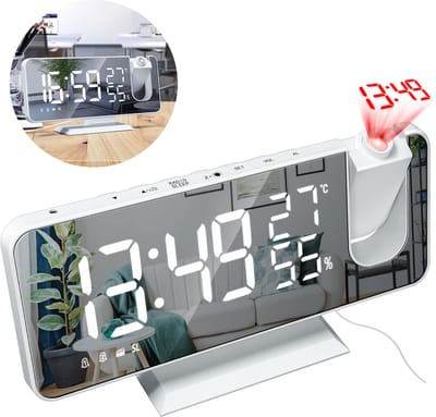 OKWISH Projectieklokken – LED Projectie Wekker Met Instelbare Helderheid, Temperatuurweergave En Schlaftimer – ABS – Wit