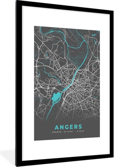 Fotolijst incl. Poster - Angers - Frankrijk - Plattegrond - Kaart - Stadskaart - 80x120 cm - Posterlijst