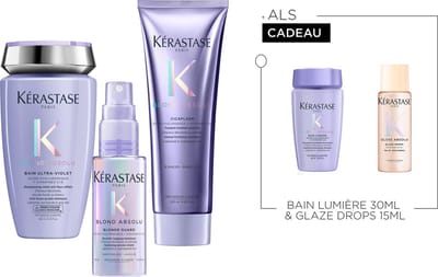 Kérastase Blond Absolu Trio + 2 Cadeaus - Verhelderende hydraterende verzorging voor alle types blond haar - Bain Ultra-Violet 250ml, Cicaflash 250ml, Blond Guard 45ml + Bain Lumière 30ml Cadeau & Glaze Drops 15ml Cadeau
