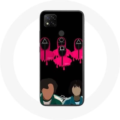 Coque Xiaomi Redmi 9C Squid Game Seong Gi hun et Kang Sae Byeok Masques Triangle carré et Cercle