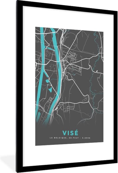 Fotolijst incl. Poster - Plattegrond – Visé – Blauw – Stadskaart - Kaart - 60x90 cm - Posterlijst