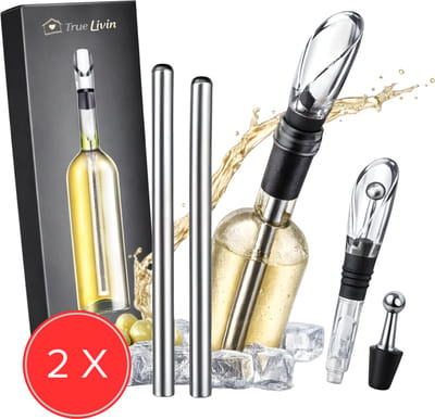 True Livin 2 x Wijnkoeler Stick - 4-in-1 Wijnkoeler Staaf - Luxe Geschenkset - RVS - Lekvrij - Inclusief Schenktuit & Stopper - Geschikt Voor Elke Wijnfles - 2 Stuks