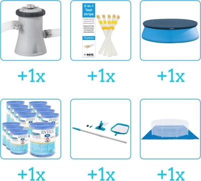Accessoires voor Intex Easy Set Zwembad - 244x61 cm - Rond - Opblaasbaar - Intex - 28106NP - Zwembadfilterpomp - Testrips - Afdekzeil - Filters - Schoonmaakset - Grondzeil