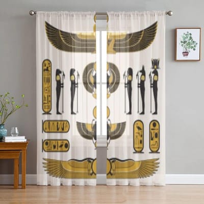 Oude Egyptische Symbolen En Decoraties Tule Transparante Gordijnen voor Woonkamer Slaapkamer Keuken Decoratie Voile Organza Gordijnen 135W x 114H(cm) white
