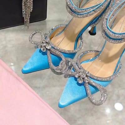 Mode Stijl Glitters Strass Dames Pumps Kristallen Strik 8 Cm Zomer Dames Schoenen Echt Leer Hoge Hakken Feest Prom Schoenen 39 gray
