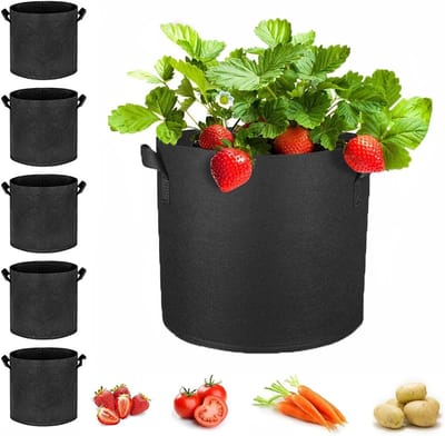 Set van 6 Herbruikbare Plantentassen van 11L, 25x22cm, Ideaal voor Tuin, Balkon en Kweekhuis, Zwart, Met Handvatten