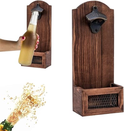 Vintage Houten Flessenopener voor Muurmontage met Dopverzamelaar, Retro Bieropener voor Keuken, Bar en Tuin, Perfect als Cadeau voor Mannen en Bierliefhebbers