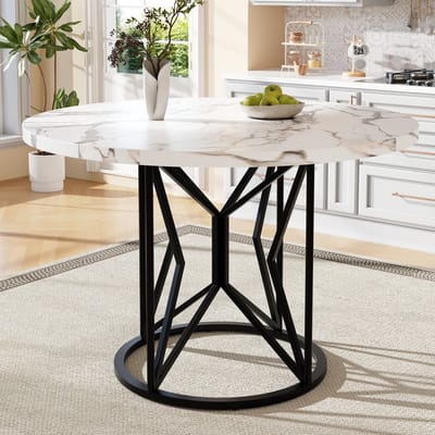 DESMIU Eettafel - Ronde Tafel Met Marmerlook En Metalen Frame - Voor Eetkamer Woonkamer En Kantoor - MDF En Metaal - 100x100x76 Cm - Zwart