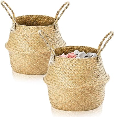 Ronde Seagrass Opbergmand met Handvat, Geweven Mand voor Wasgoed, Planten en Speelgoed (XXXL: 45 x 36 cm)