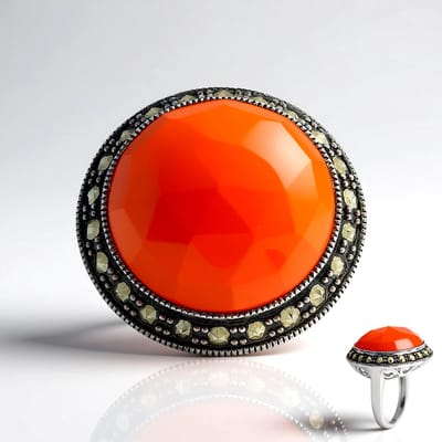 Cavill - Zilveren ring met 11,295 ct Rode Agaat en 0,733 ct Marcasiet - 925 Sterling Zilver - Vintage stijl - Ronde schaakbord geslepen edelstenen