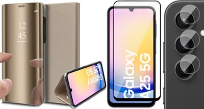 Hoesje geschikt voor Samsung Galaxy A25 / A24 - Screenprotector Volledig Dekkend Glas & Camera - Spiegel Book Case Goud