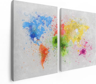 Artaza Canvas Schilderij Tweeluik Wereldkaart Met Verfvlekken - Abstract - 120x80 cm - Wanddecoratie Woonkamer - Schilderijen - Muurdecoratie