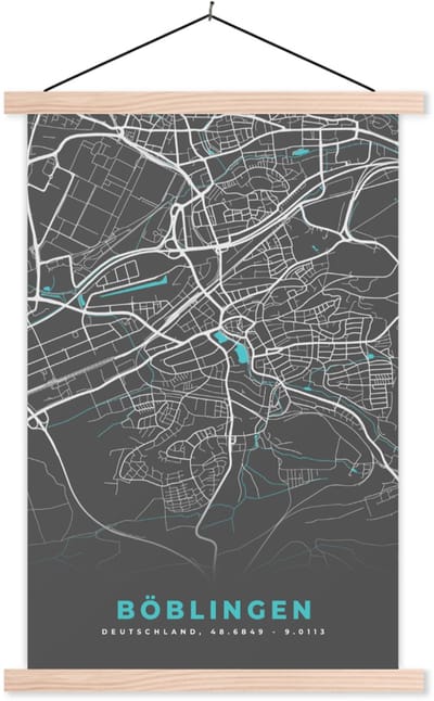 Posterhanger incl. Poster 60x90 cm - Schoolplaat - Stadskaart – Plattegrond – Duitsland – Blauw – Böblingen – Kaart - Textielposter - Blanke latten - Stadskaart