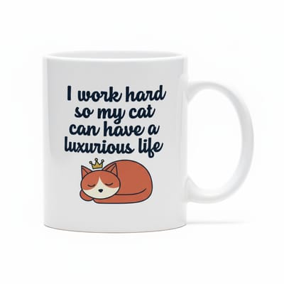 Grappige Kattliefhebber Koffiemok 330ml – “I Work Hard So My Cat Can Have a Luxurious Life” – Perfect Cadeau voor Katteneigenaren